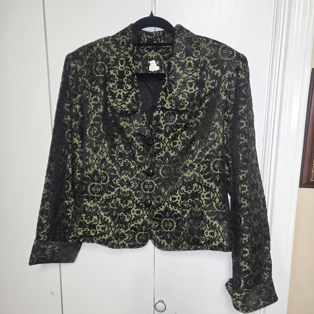 MSK Women’s L Dark Green & Black Evening Blazer Silky Swirl Buttons USA Vintage